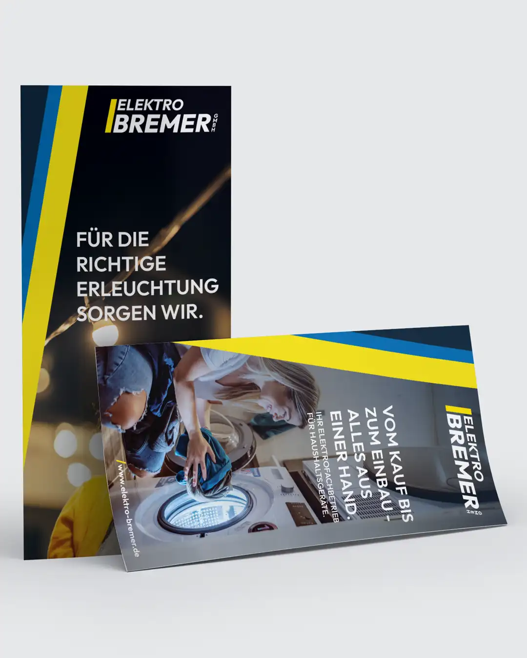 Zweiseitiger DIN-Lang-Flyer der Elektro Bremer GmbH mit Leistungsübersicht rund um Elektroinstallation und Haushaltsgeräte