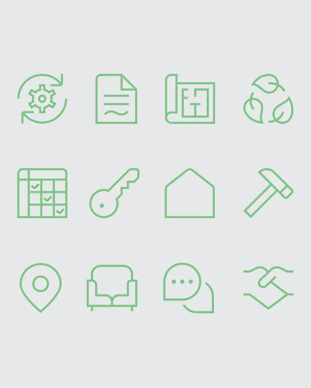 Individuell entwickeltes Icon-Set von Michaelis Holzbau für Website und Kommunikation mit linearen Symbolen rund um Bauen, Planung und Service.