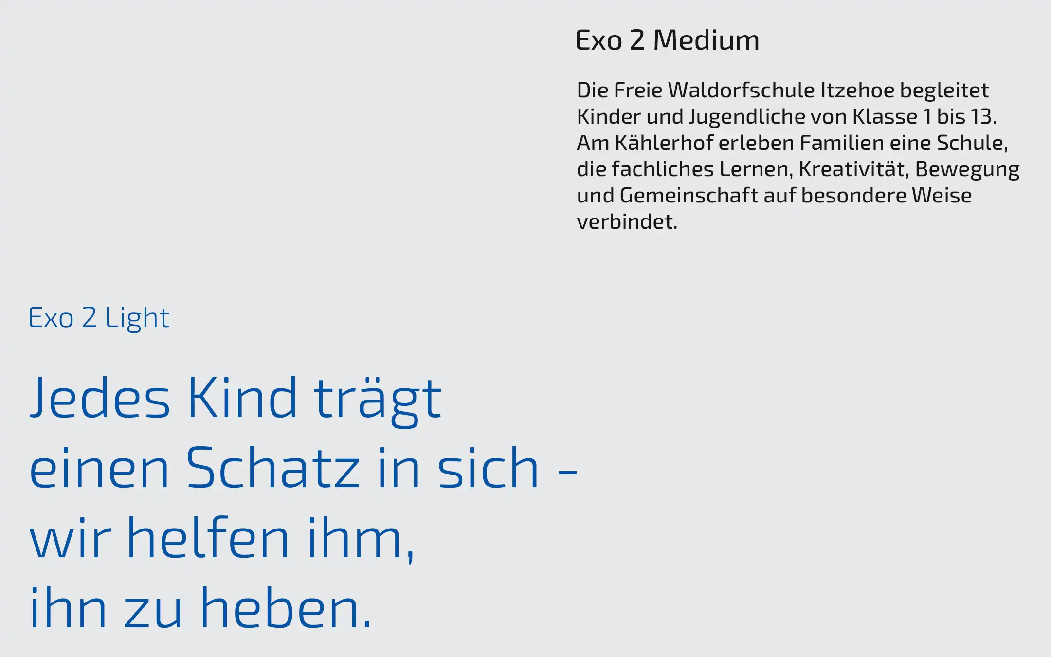 Darstellung der definierten Hausschrift Exo 2 im Corporate Design der Freien Waldorfschule Itzehoe mit Beispieltext und Zitat in unterschiedlichen Schriftschnitten.