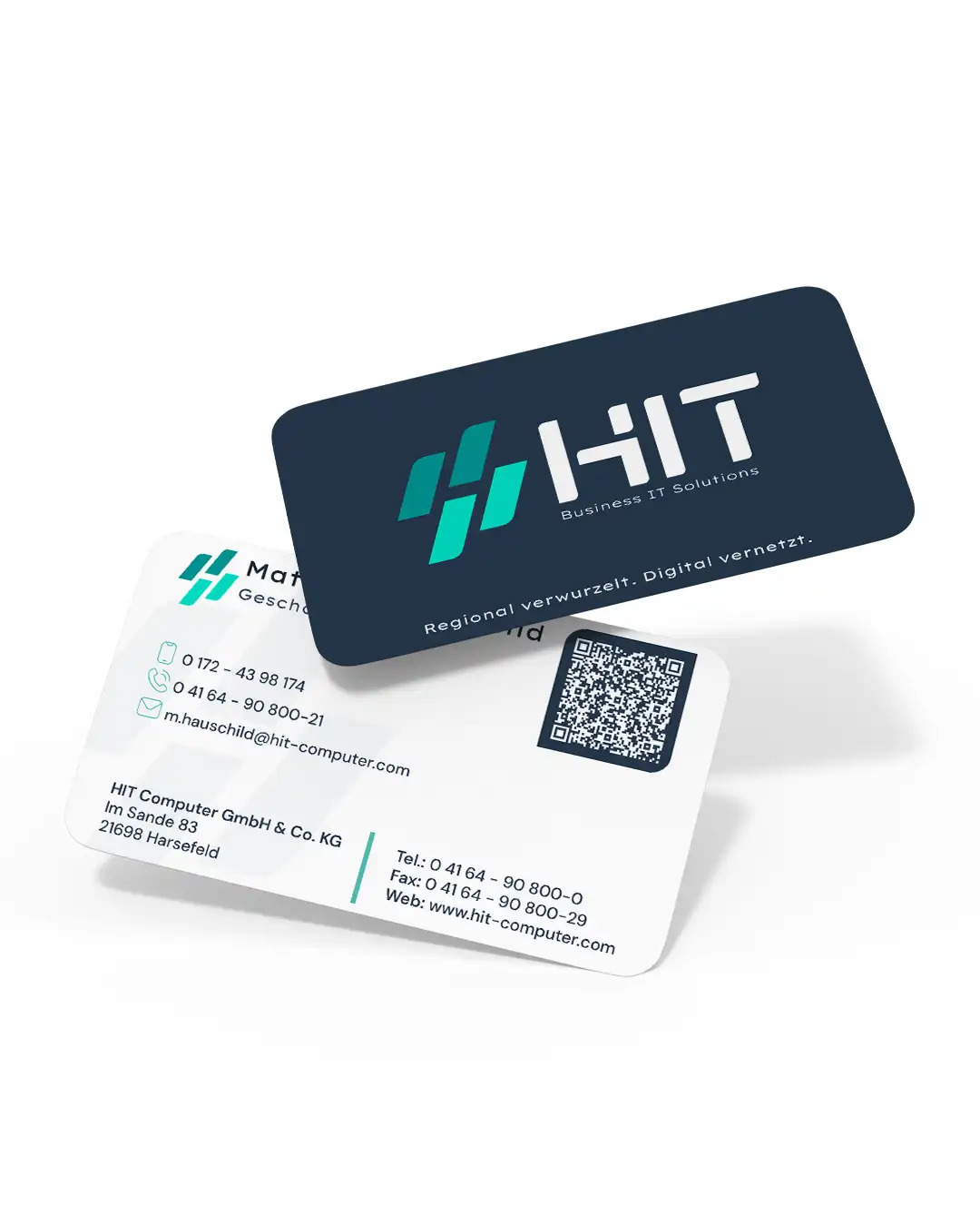 Mockup der neuen Visitenkarten der HIT Computer GmbH & Co. KG mit modernem Logo, QR-Code und hochwertiger Gestaltung für ein IT-Systemhaus aus Harsefeld.