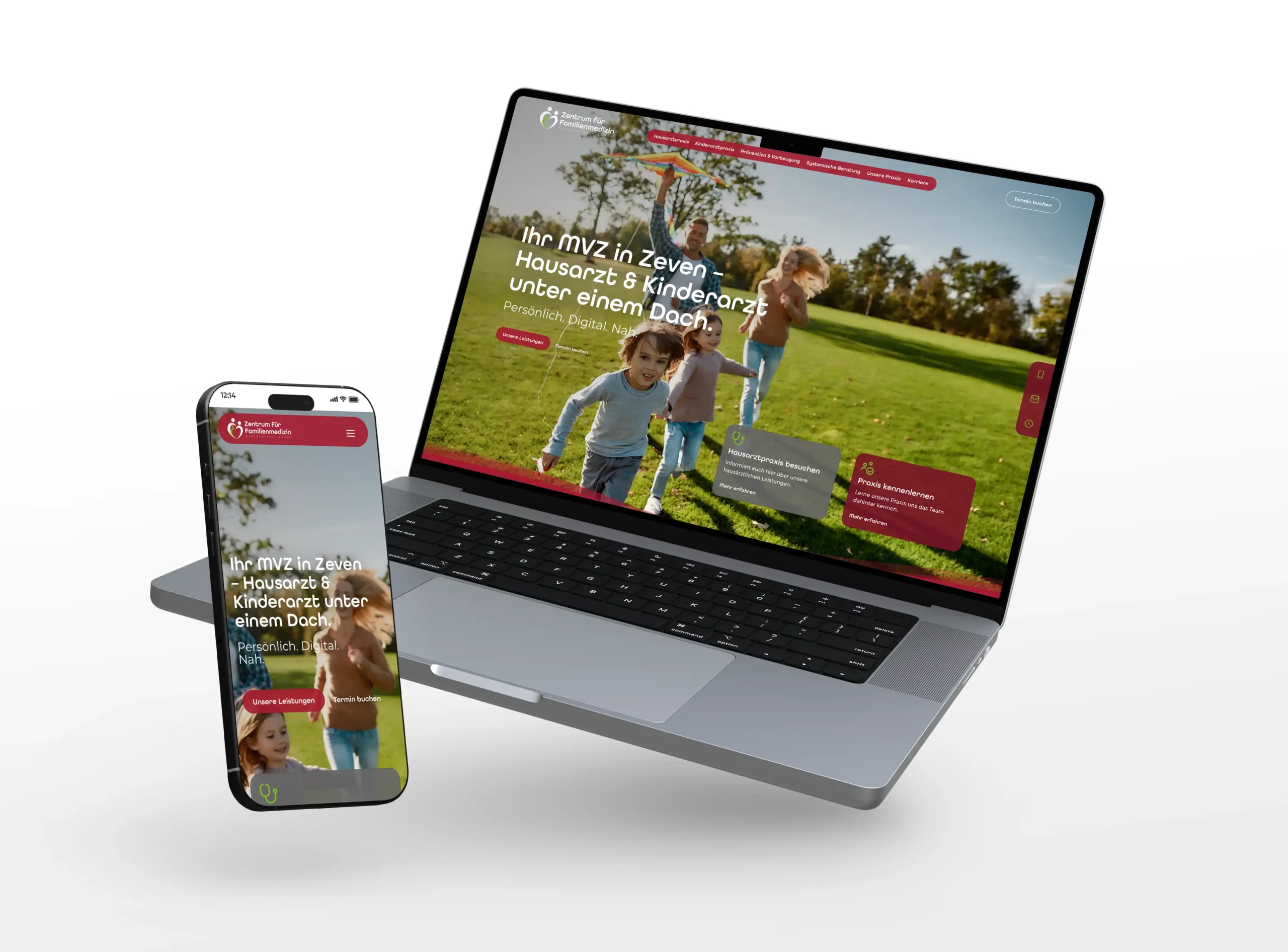 Mockup der responsiven Website des Zentrums für Familienmedizin MVZ GmbH in Zeven auf Laptop und Smartphone mit modernem Webdesign und emotionaler Bildsprache.